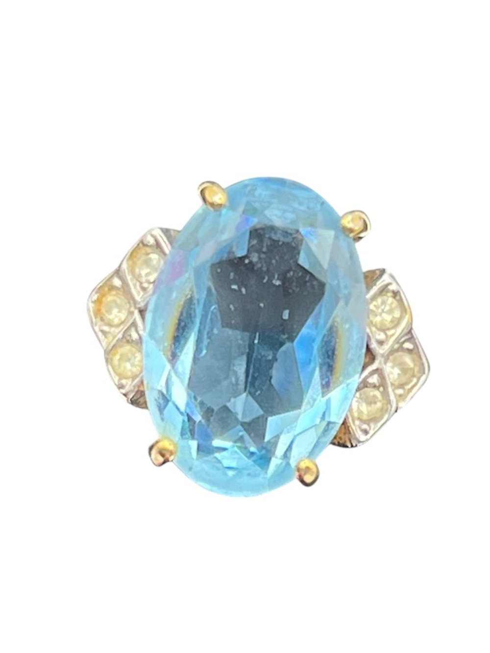 14k GE gold electroplate large blue oval CZ clear rhinestone cocktail ring 8.75